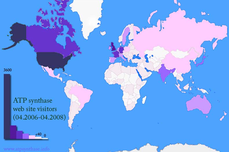  Visitors of my ATP synthase web site: world map overlay. 3600 visits from USA, 740 from UK, ~400 from Germany, France, and Japan each; other countries rank lower than 350. 
